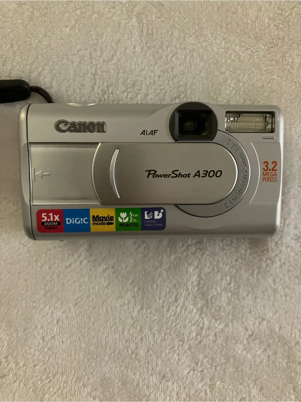 Vintage Canon Silver PowerShot A300 Compact Camera with Wrist Strap